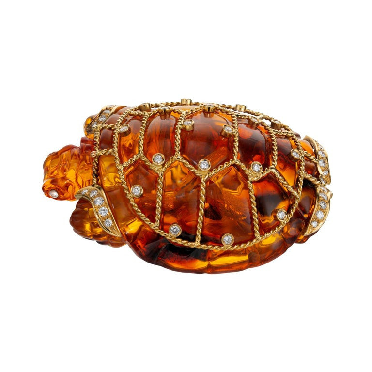 1.00 Carat Diamond Amber Yellow Gold Carved Turtle Brooch – image 2
