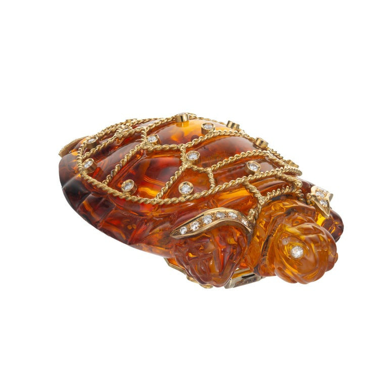 1.00 Carat Diamond Amber Yellow Gold Carved Turtle Brooch – image 3