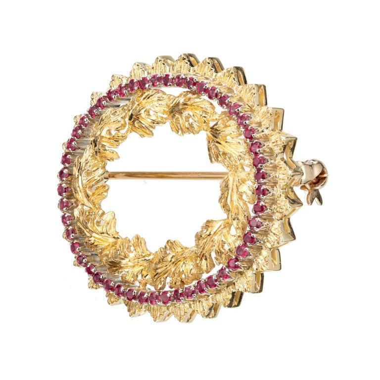 .75 Carat Round Ruby Two Tone Gold Textured Brooch – image 2
