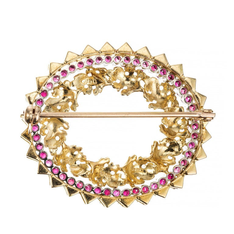 .75 Carat Round Ruby Two Tone Gold Textured Brooch – image 3