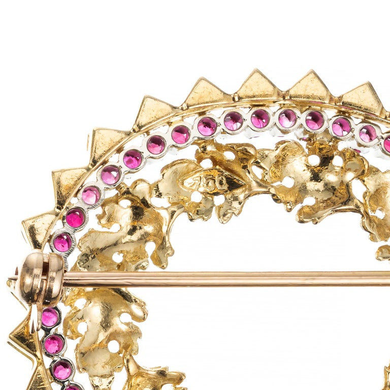 .75 Carat Round Ruby Two Tone Gold Textured Brooch – image 4