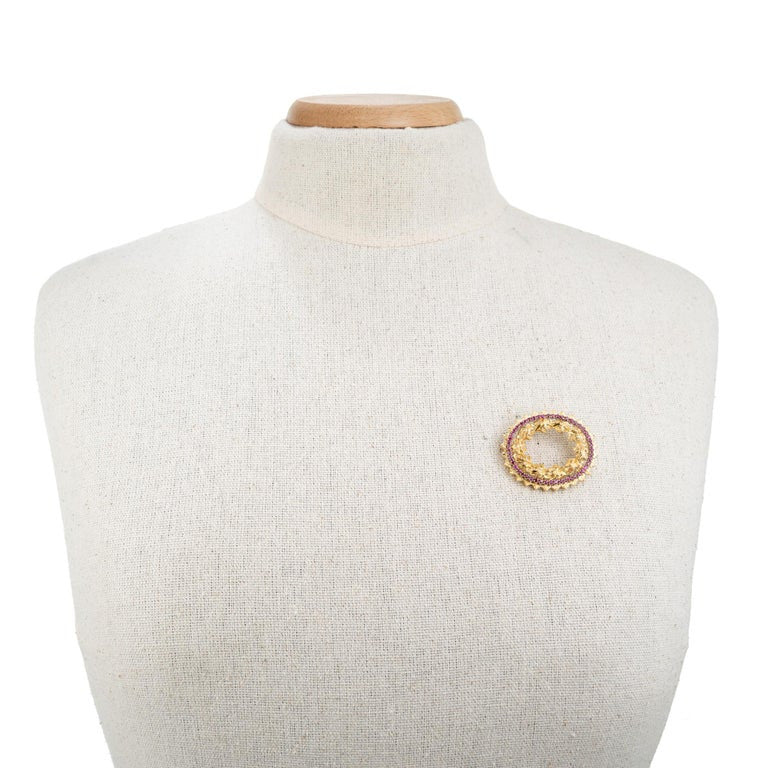 .75 Carat Round Ruby Two Tone Gold Textured Brooch – image 6