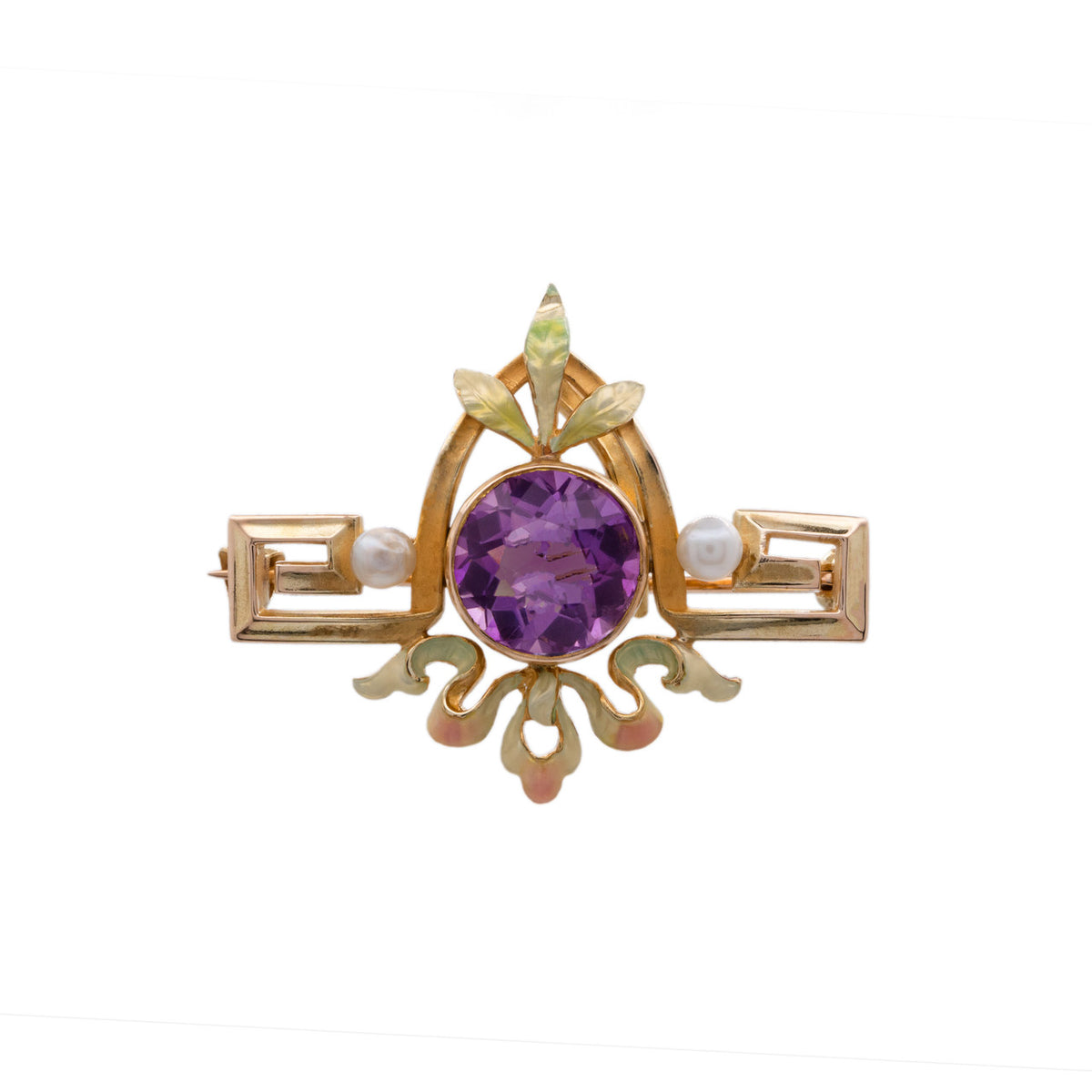 2.00 Carat Amethyst Pearl Yellow Gold Enamel Brooch Pendant