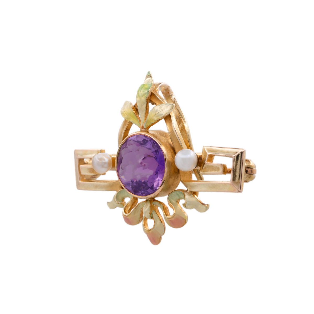 2.00 Carat Amethyst Pearl Yellow Gold Enamel Brooch Pendant – image 2