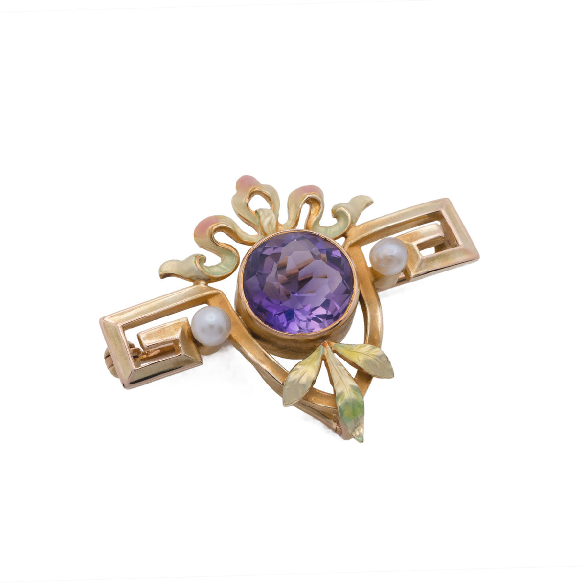 2.00 Carat Amethyst Pearl Yellow Gold Enamel Brooch Pendant – image 4