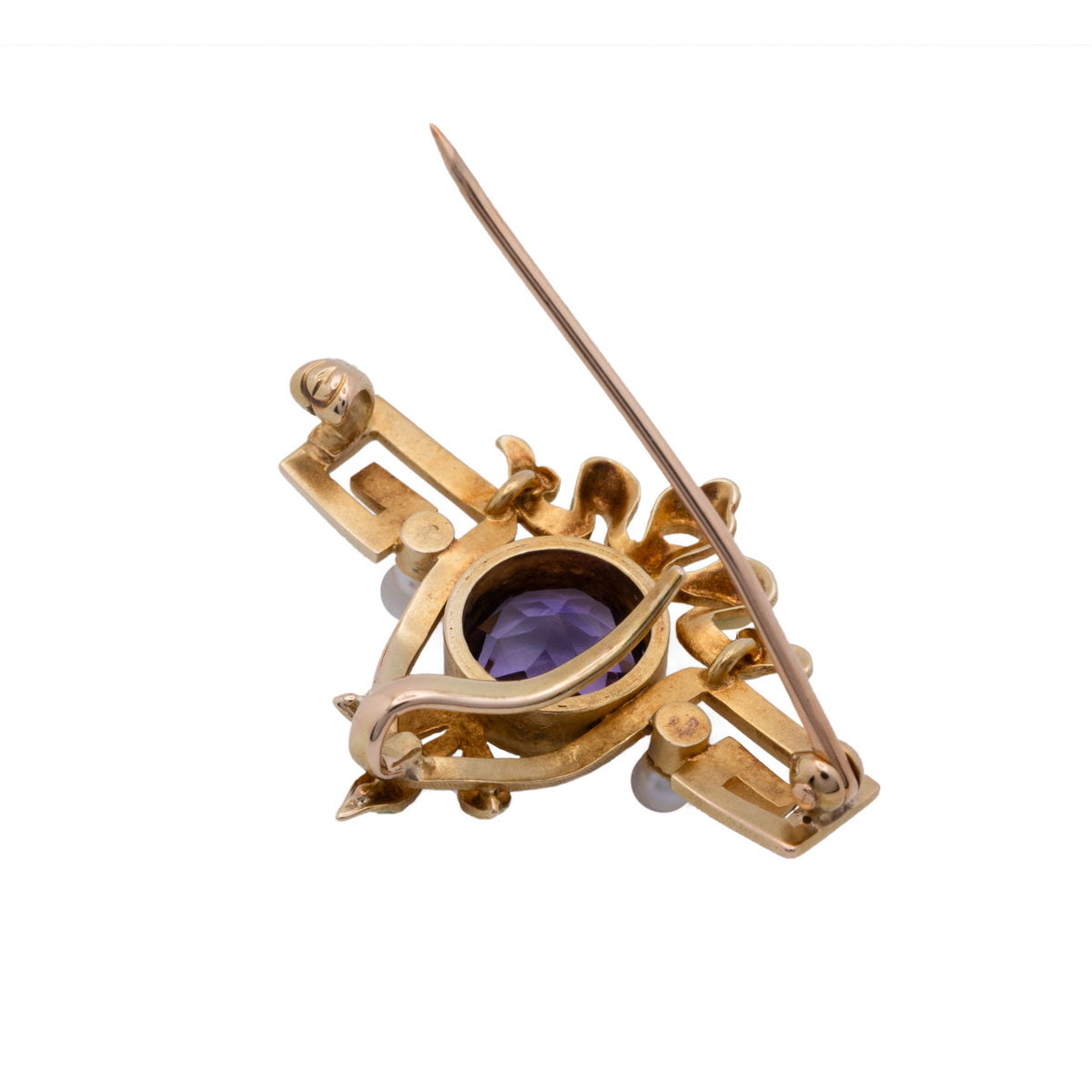 2.00 Carat Amethyst Pearl Yellow Gold Enamel Brooch Pendant – image 5