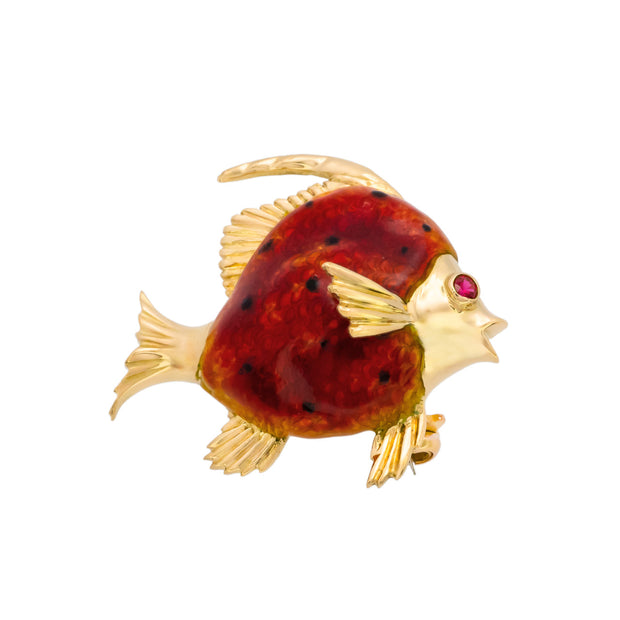 .3 Carat Ruby Yellow Gold Enamel Fish Brooch