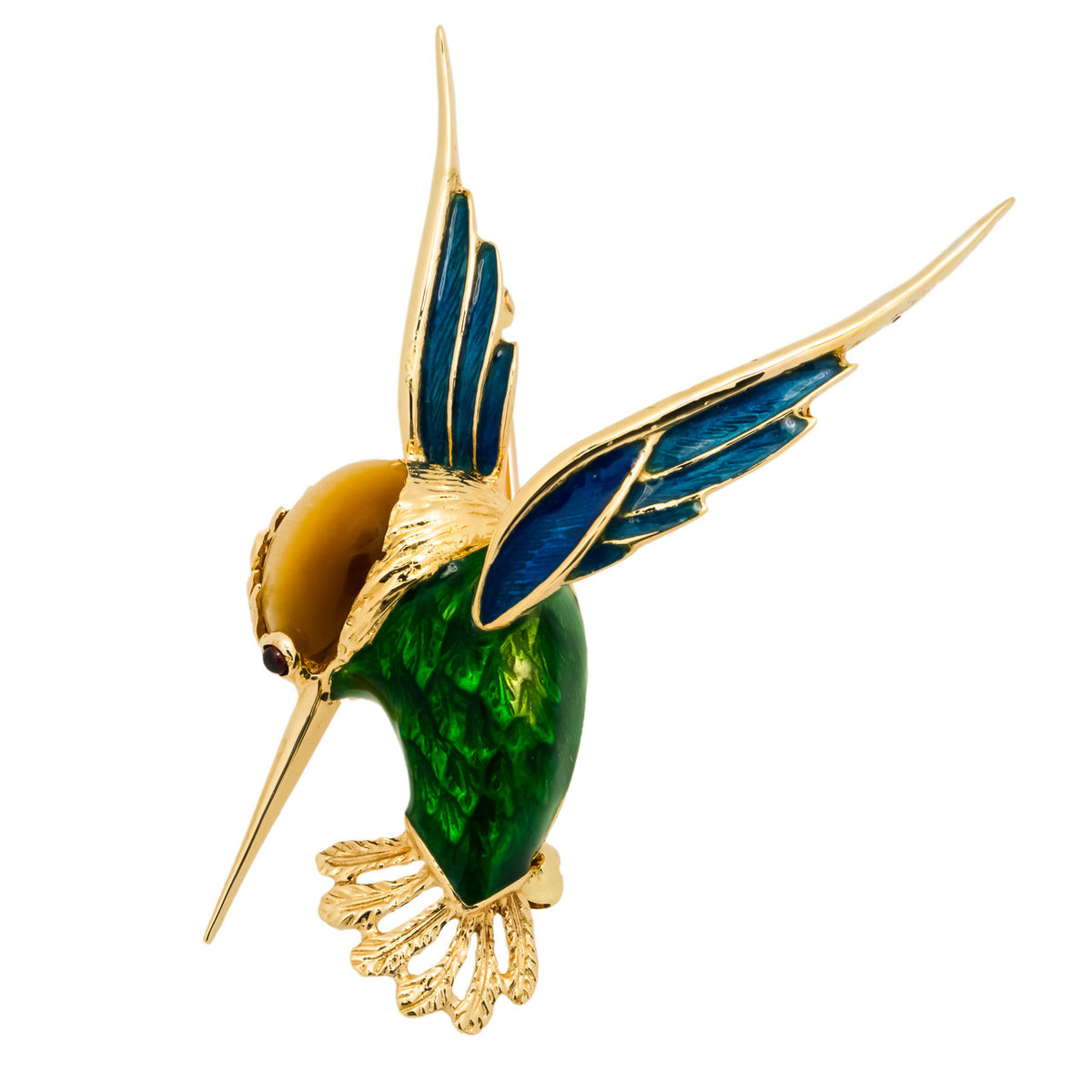 Tiger Eye Ruby Enamel 18k Yellow Gold Hummingbird Brooch