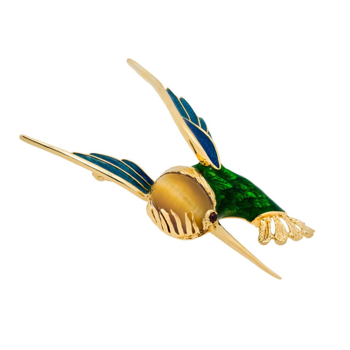 Tiger Eye Ruby Enamel 18k Yellow Gold Hummingbird Brooch – image 2