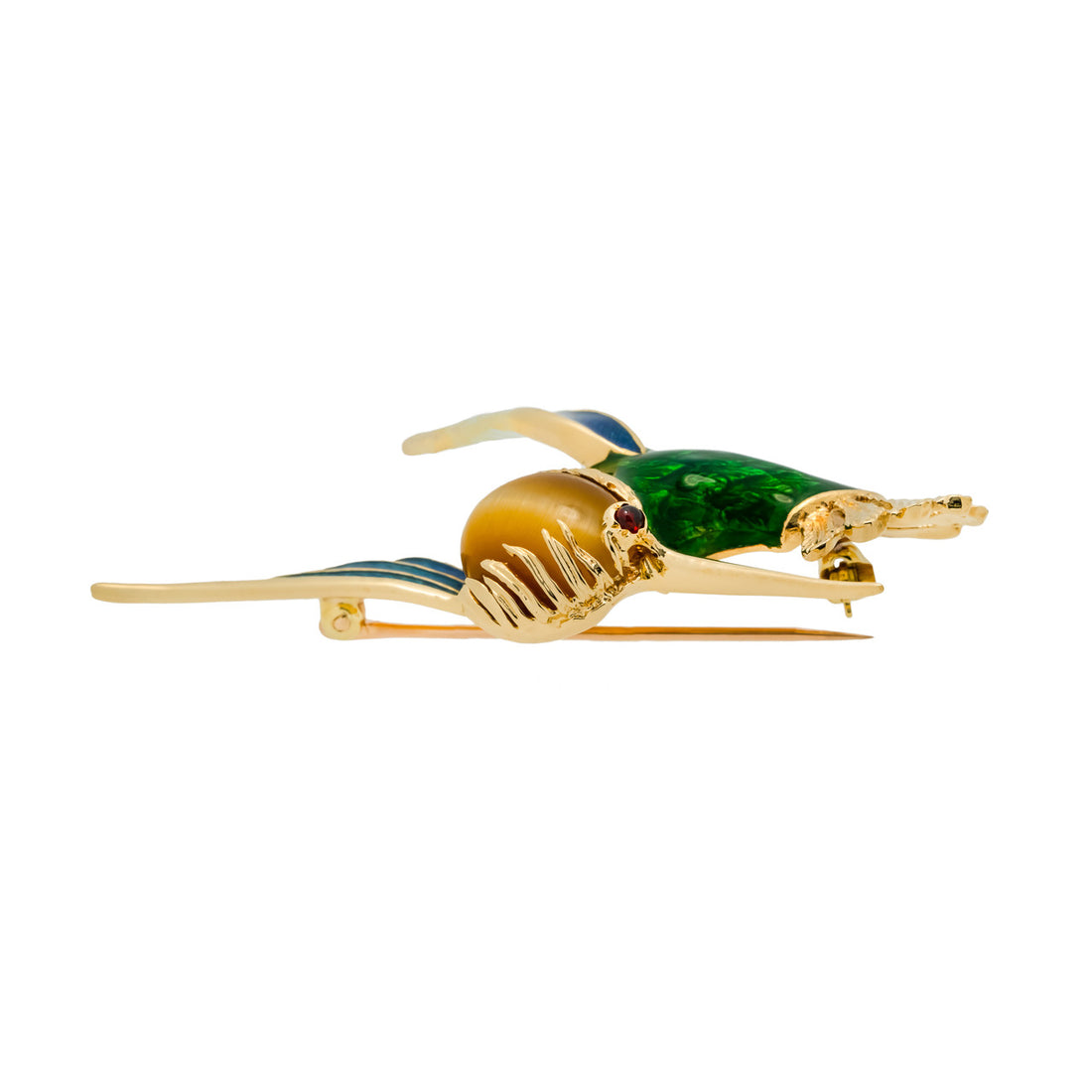 Tiger Eye Ruby Enamel 18k Yellow Gold Hummingbird Brooch – image 3