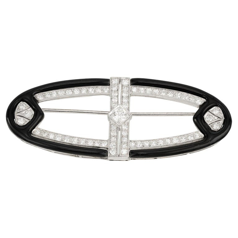 1.50 Carat Round Diamond Black Enamel Platinum White Gold Art Deco Brooch
