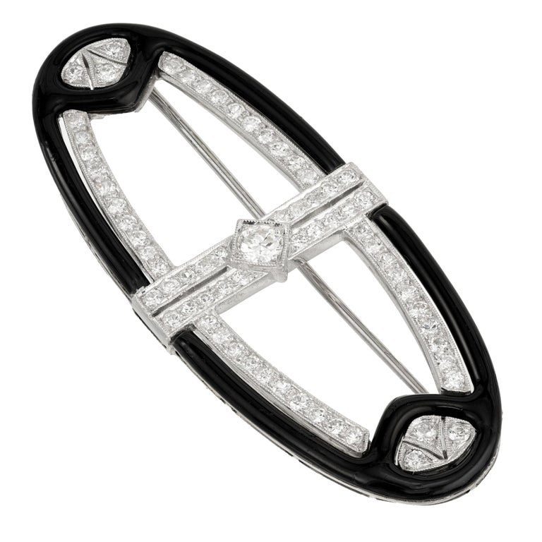 1.50 Carat Round Diamond Black Enamel Platinum White Gold Art Deco Brooch – image 2