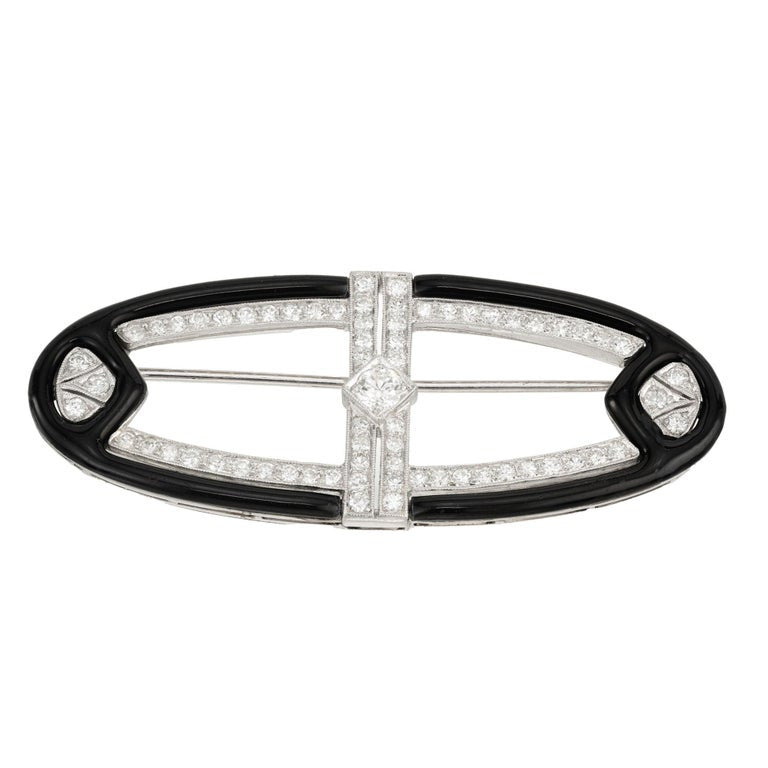 1.50 Carat Round Diamond Black Enamel Platinum White Gold Art Deco Brooch – image 3