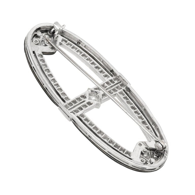 1.50 Carat Round Diamond Black Enamel Platinum White Gold Art Deco Brooch – image 4