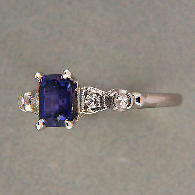 Vintage 1.02ct Violet Emerald Cut Sapphire Art Deco Diamond Platinum Ring – image 3