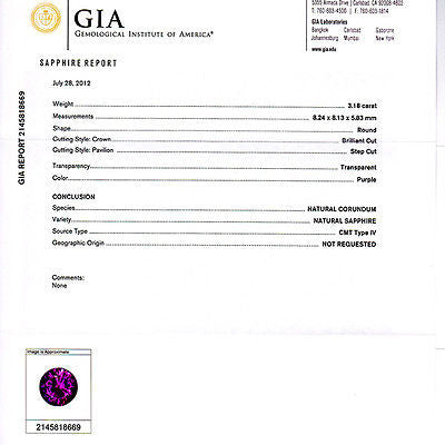 Peter Suchy GIA 3.13 Carat Purple Sapphire Diamond Engagement Platinum Ring – image 3