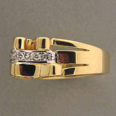 Vintage 3 Row Folded Ribbon 18k Gold Ring .10ct Diamonds White Gold Center – image 3