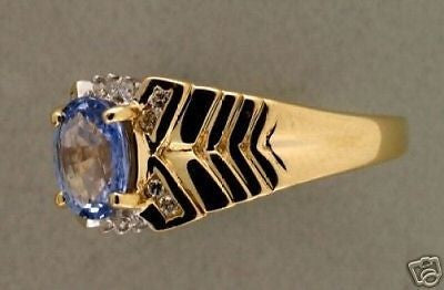 Estate 14k Yellow Gold Oval Light Blue Sapphire Round Diamond "V" Pattern Ring – image 4