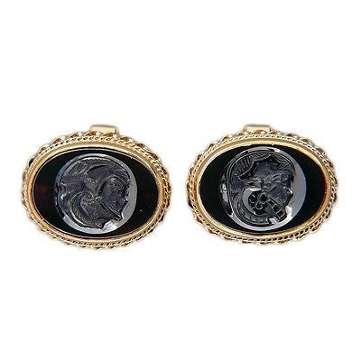 Vintage Oval Carved Carnelian 14k Yellow Gold Cufflinks Roman Soldier Profile – image 2