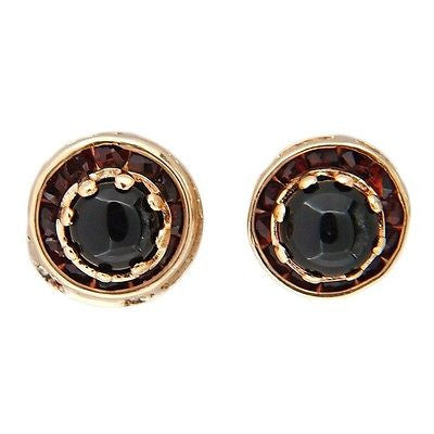 Vintage Cabochon Onyx Center Channel Set Garnet 14k Yellow Gold Pierced Earrings – image 3