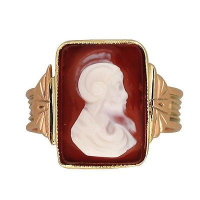 Vintage Rose & Yellow Gold Carved Rectangular Carnelian Ring Soldier Profile – image 3