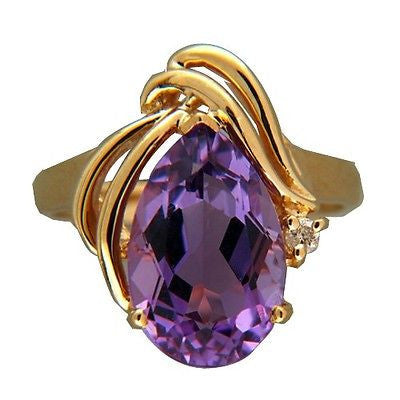 Vintage Pear Shape 4.29ct Amethyst 14k Yellow Gold Swirl Full Cut Diamond Ring