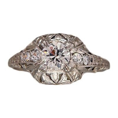 Vintage Engagement Ring Edwardian Art Deco Platinum .46ct Old European Diamond