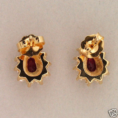 Vintage Bold Red Pear Shaped .95ct Ruby .60ct Full Cut Diamond 14k Gold Earrings – image 3