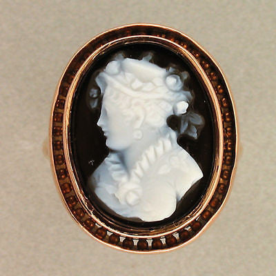 Victorian Woman Profile 14k Pink Gold Carved Carnelian Beaded Border Ring
