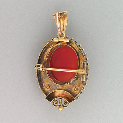 Vintage 1830's Victorian Oval Hard Stone Carnelian Cameo 14k Gold Pin Pendant – image 3