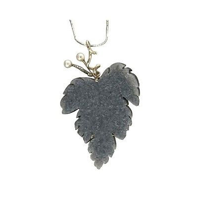 Estate Designer 14k Grey Druzy Leaf Cultured Pearl White Gold Chain Pendant – image 2