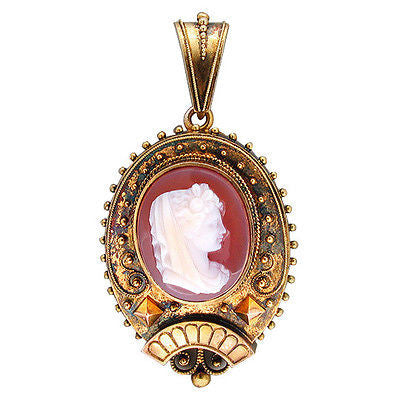 Vintage 1830's Victorian Oval Hard Stone Carnelian Cameo 14k Gold Pin Pendant
