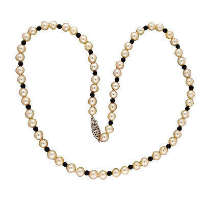 Vintage 24 In 7.3mm Japanese Akoya Cultured Pearl 4mm Round Onyx Bead Necklace – image 2
