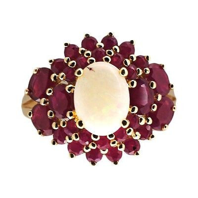 Vintage Center Oval 8 X 6mm White Opal 1.00ct Bright Red Ruby 10k Gold Ring – image 5