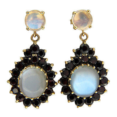 Moonstone Garnet Halo Gold Dangle Earrings – image 2