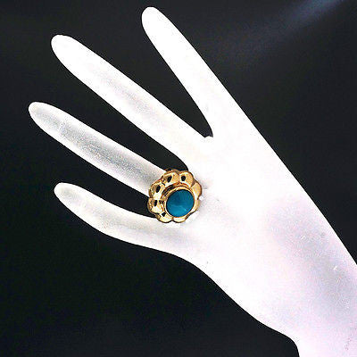 Vintage Estate Italian Flower 14k Ring 11.5mm Bright Blue Turquoise – image 2