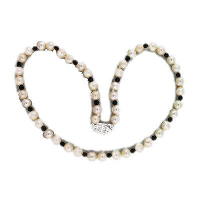 Vintage 17 3/4 In 7.6mm Japanese Cultured Akoya Pearl Onyx Deco Necklace Gold
