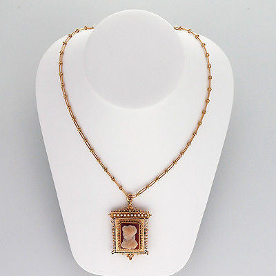 Vintage 1870 Victorian 15k Pink Gold Carved Carnelian Hard Stone Pin Pendant – image 3