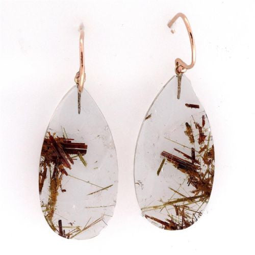 Rare Quartz Crystal 45.50ct Copper Rutile 18k Pink Gold Dangle Earrings