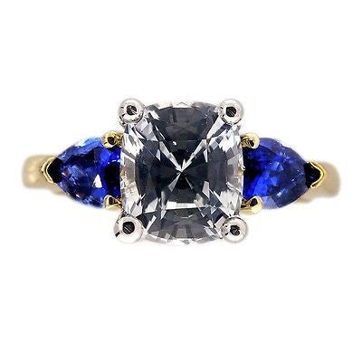 Vintage Engagement Ring 1.88ct Cushion cut White and Blue Sapphire 18k Platinum