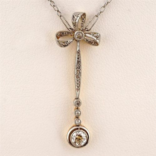 Antique Victorian Platinum Gold Bow .30ct Diamond Pendant – image 3