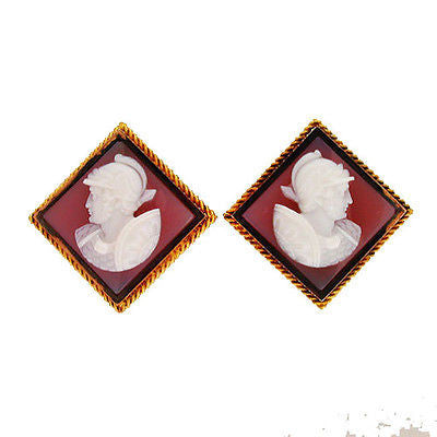 Vintage Hand Carved Sardonyx Intaglio 14K Frame Earrings Roman/Greek Soldier – image 8