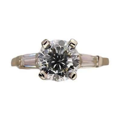 Vintage Engagement Ring 1940 .90ct Round Diamond Certified 14k .09ct Baguette