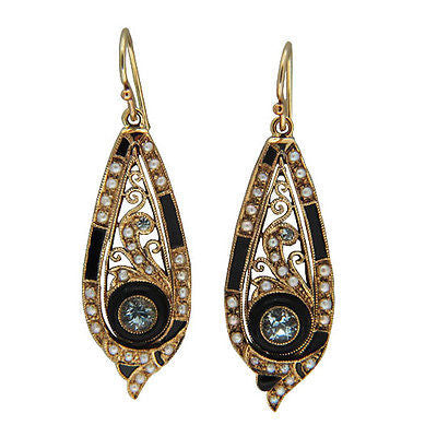 Vintage Victorian Pink Gold 9k Aqua Black Onyx 52 Half Pearl Dangle Earrings – image 3