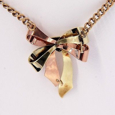 Vintage Retro Art Deco Ribbon Pink Green Bow 14k Pendant – image 3