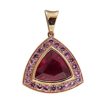 Hot Pink 5.75ct Triangular Tourmaline 1.26ct Pink Sapphire 14k Pink Gold Pendant – image 3