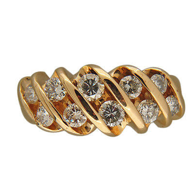 Vintage Solid 14k Gold Channel Set 5 Row 10 Diamond Shrimp Style Dome Ring