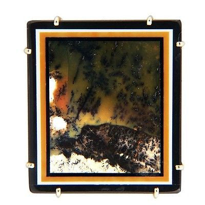 Vintage Hardstone Intarsia Agate Black Onyx Pristine 14k Gold Pin Pendant Loop – image 3