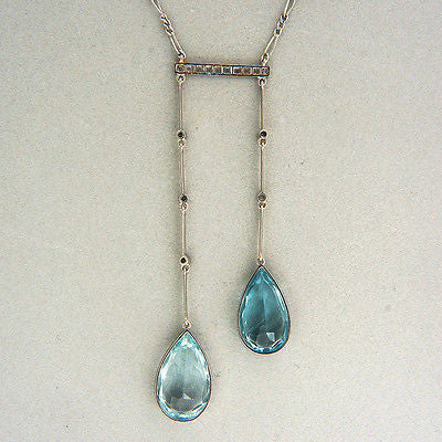 Art Deco 18.00ct Pear Aqua Double Platinum Rose Cut Diamond Drop Pendant – image 4