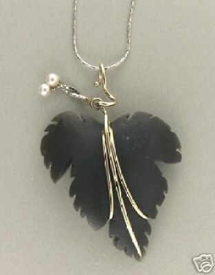 Estate Designer 14k Grey Druzy Leaf Cultured Pearl White Gold Chain Pendant – image 3